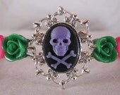 Purple Skull Bracelet Silver Plated Cuff with Hot Pink and Green Lucite Roses