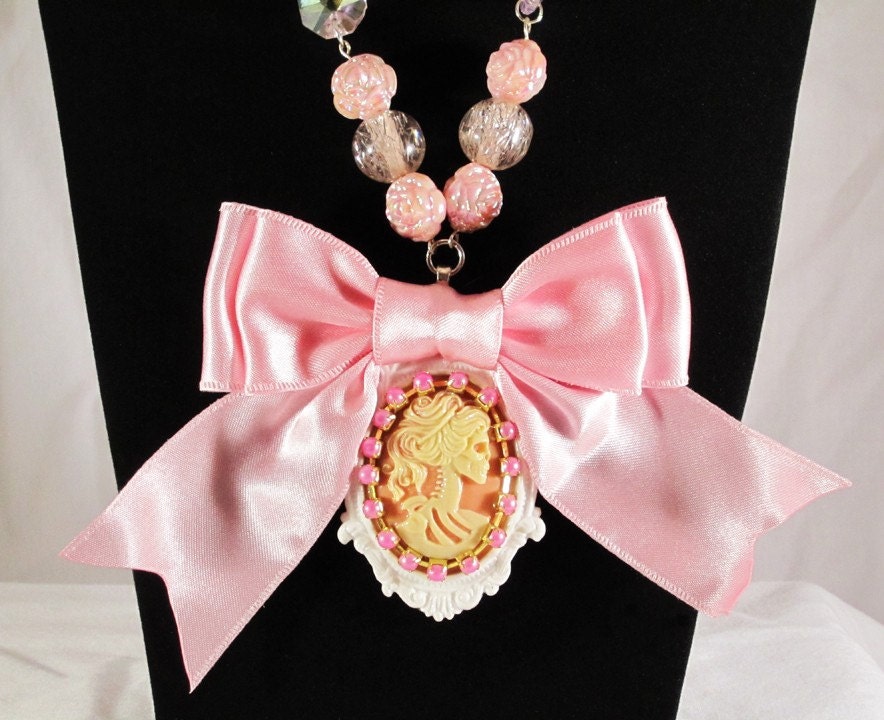 Skeleton Necklace Cameo Jewelry with Pink, Peach and Ivory Accents
