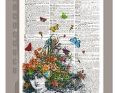 Girl with Butterflies and Flowers - ORIGINAL ARTWORK printed on Repurposed Vintage Dictionary page 8x10 -Upcycled Book Print