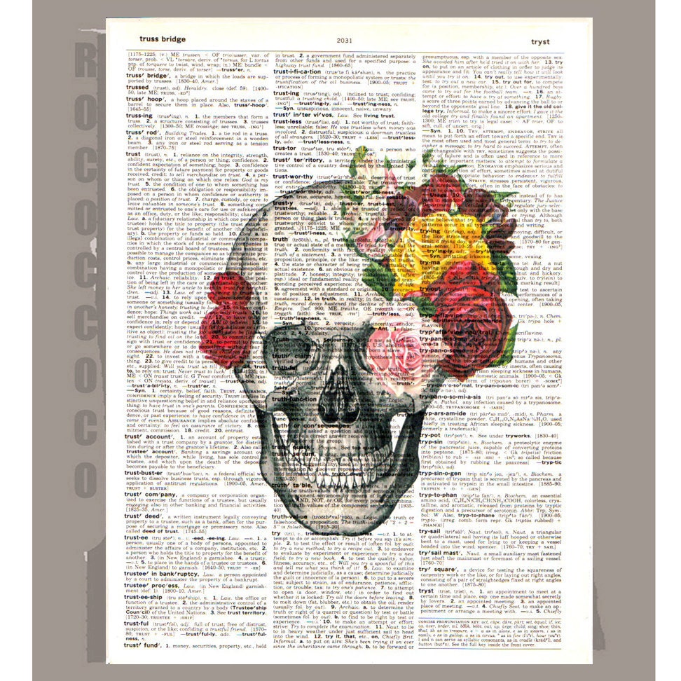 Vintage Skull and Roses -ORIGINAL ARTWORK printed on Repurposed Vintage Dictionary page 8x10 -Upcycled Book Print