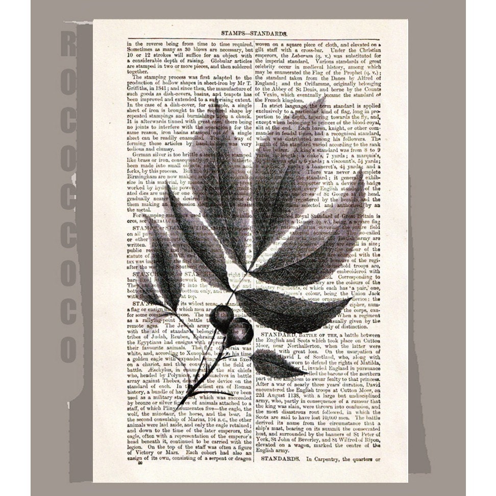 Botanical LEAVES1Artwork on a page from vintage Dictionary -Upcycled Book Print