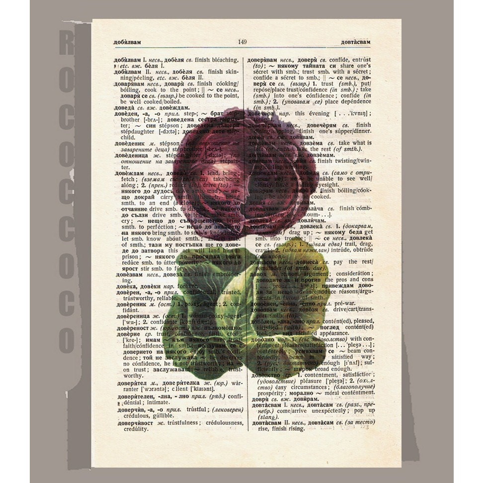Antique French VEGETABLES/2 CABBAGES Artwork on a page from vintage Dictionary -Upcycled Book Print
