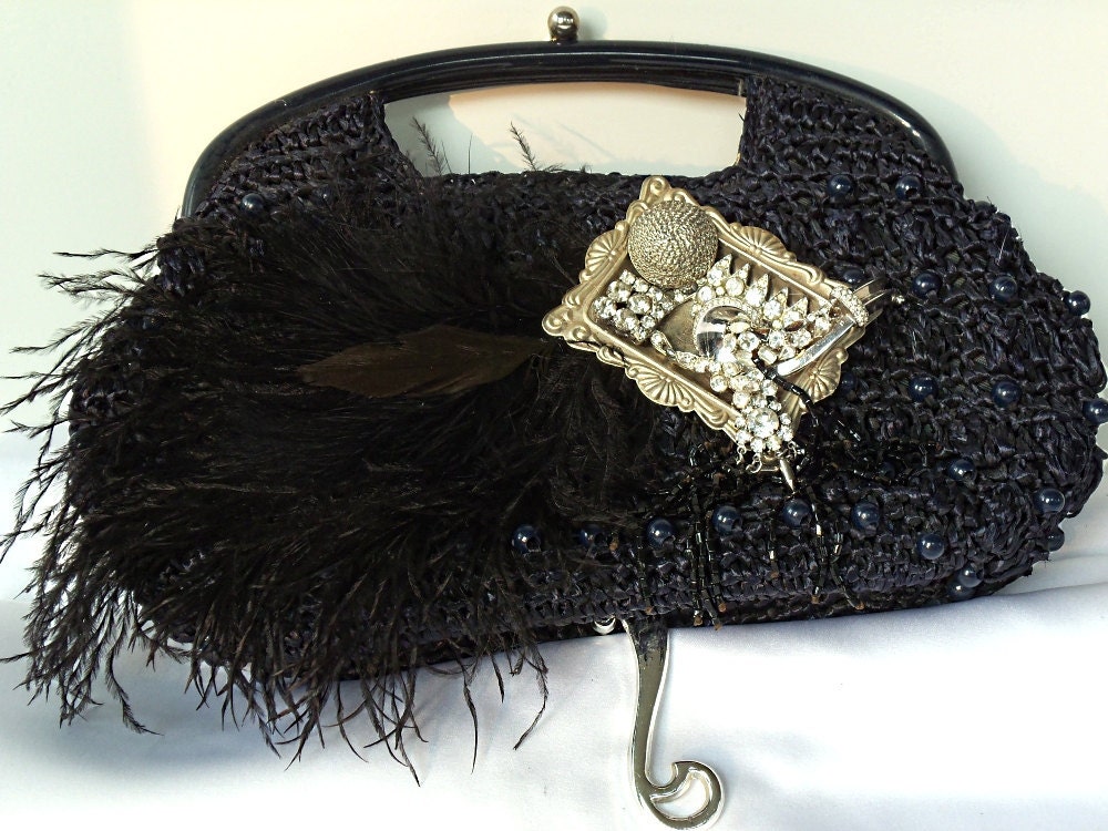 Black evening bag, raffia, beaded, silver n rhinestone, avant garde, OOAK, vintage upcycled, black ostrich feathers LAYAWAY PLANS