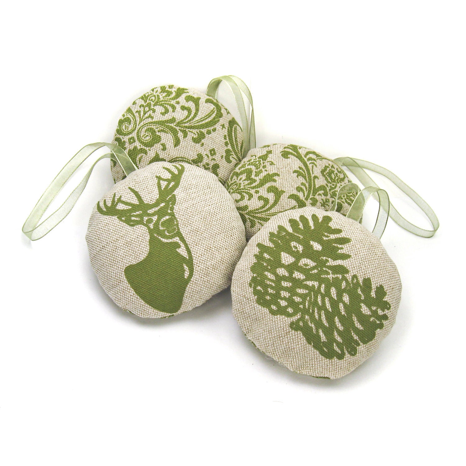 Christmas tree ornaments, Shabby chic decor, Christmas decorations set of 4 - Green and Natural Christmas ornament with deer and pinecone - ClassicByNature
