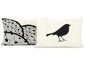 2 pillow cases in black and white - 12x18 lumbar pillow covers - Set of two (2) - Back bird print pillow cover and peacock pillow cover