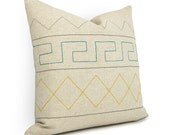 Aztec geometric pillow cover - Teal green, yellow, gray, black on natural beige canvas geometric decorative pillow case - 16x16 pillow cover