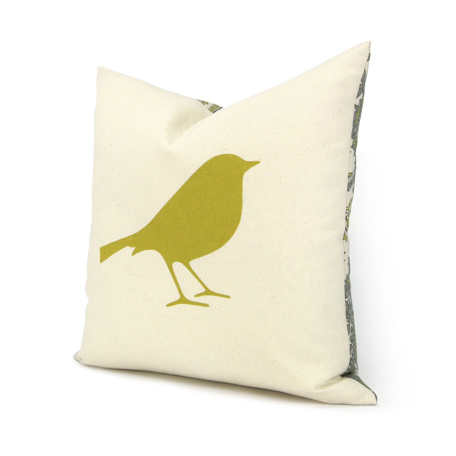 Bird pillow cover, Decorative throw pillow, 16x16 pillow cover, Sparrow bird - Light beige and paisley pillow cover with citrine bird print