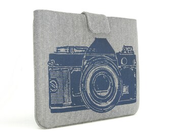 IPad case - Navy blue vintage camera print on gray denim for iPad 1 or iPad 2 & 3 with or without smart cover - Urban padded iPad sleeve