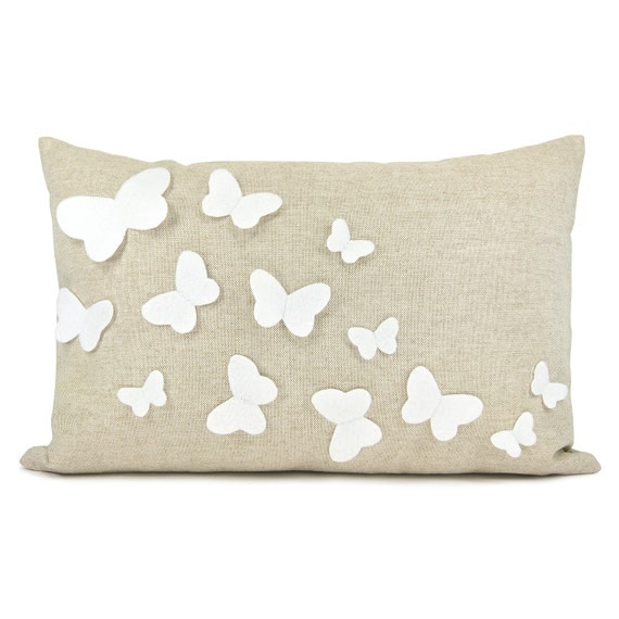 Growing butterflies pillow case - White felt butterfly appliques on natural beige canvas accent pillow cover - 12x18 pillow cover
