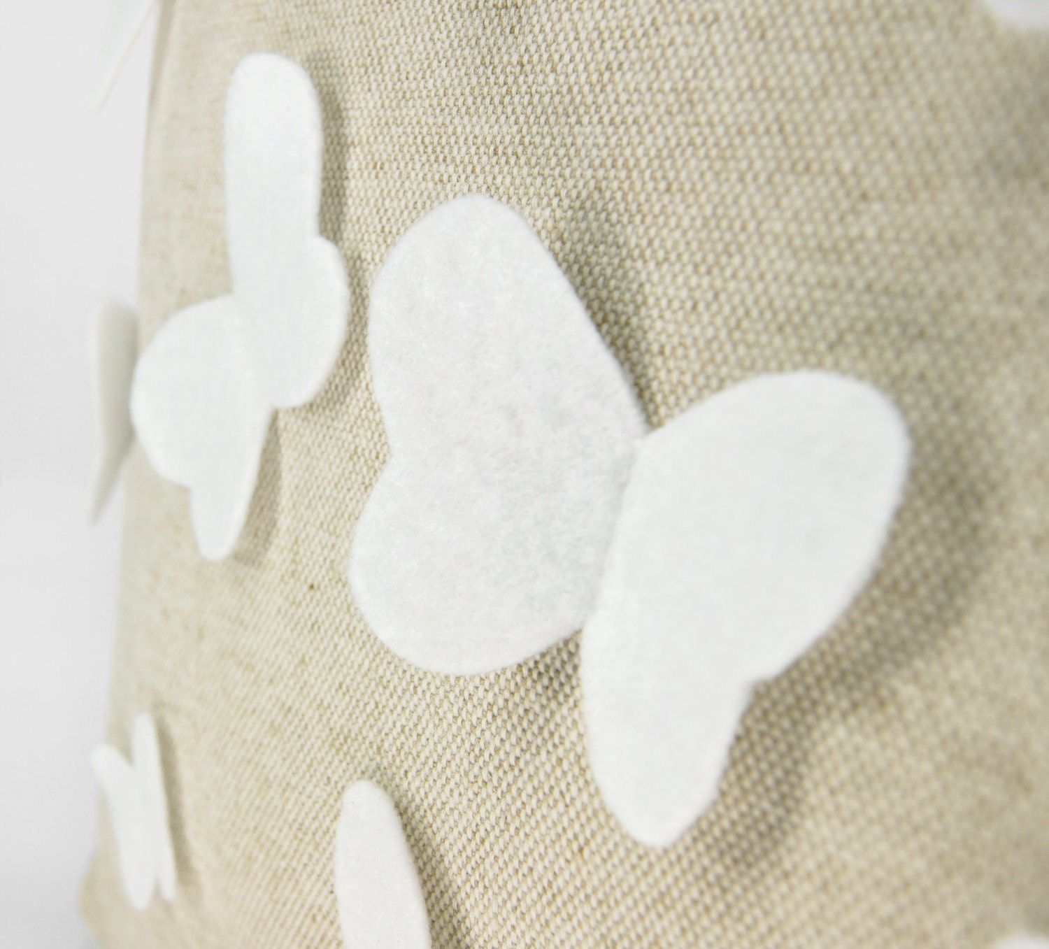 Growing butterflies pillow case - White felt butterfly appliques on natural beige canvas accent pillow cover - 12x18 pillow cover