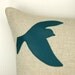 Turquoise throw pillow case - Black and teal birds in nature applique on natural beige canvas - 16x16 decorative pillow cover