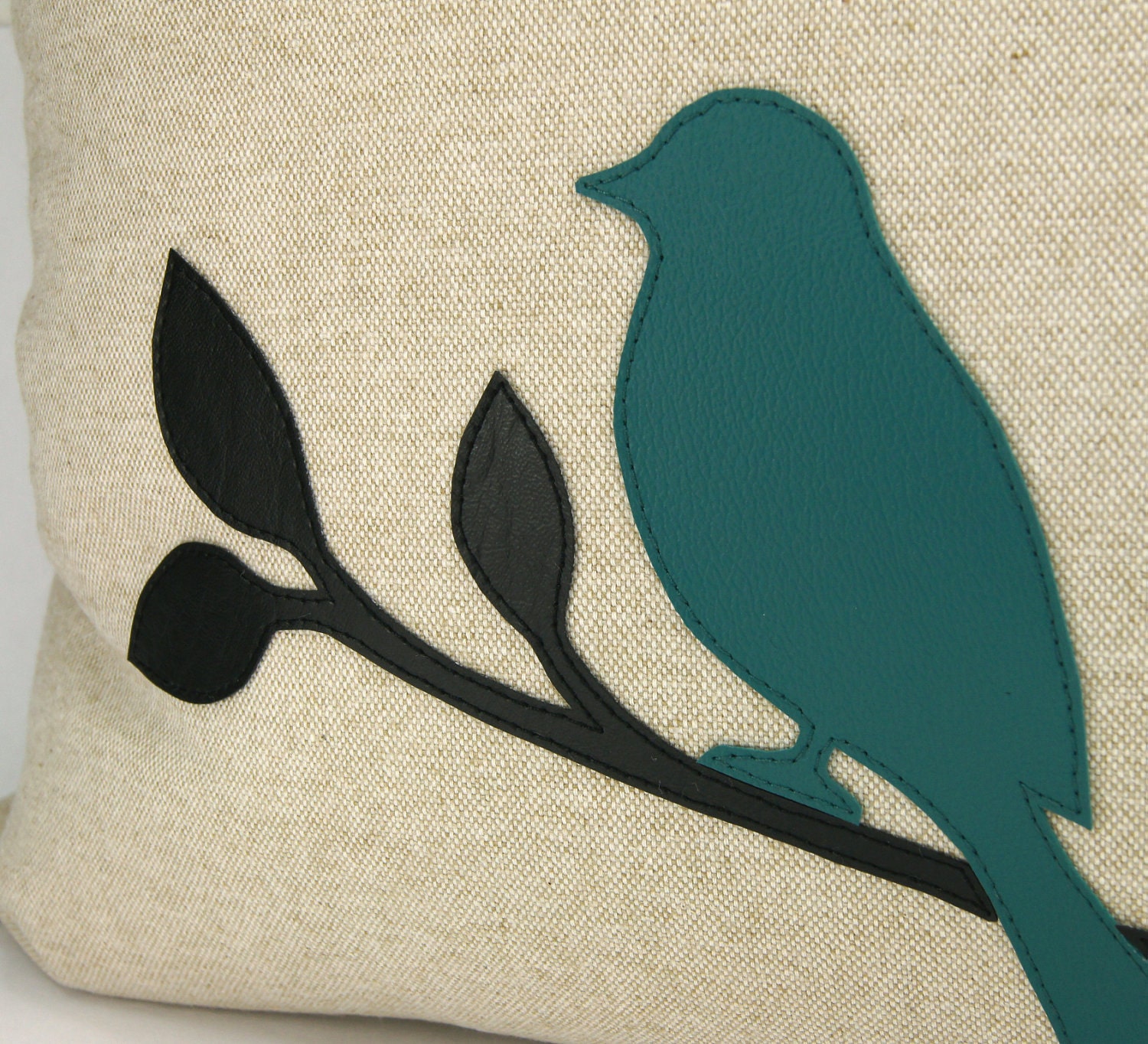 Turquoise throw pillow case - Black and teal birds in nature applique on natural beige canvas - 16x16 decorative pillow cover