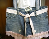 PURSE TOTE Recycled Denim Blue Jean Diaper BAG, Pink Ruffle and Pink Stripe Belt