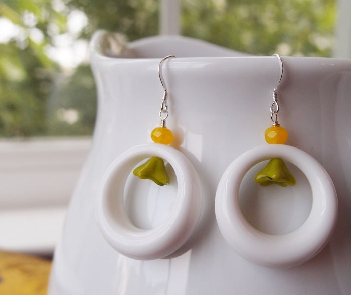 20-136 Vintage White Hoops Accented with a Lime Green Glass Flower & Bright Yellow Rondelle-Summer Earrings