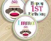 Printable 4" Craft Circle Design - Vintage Girly Sock Monkey Birthday Collection
