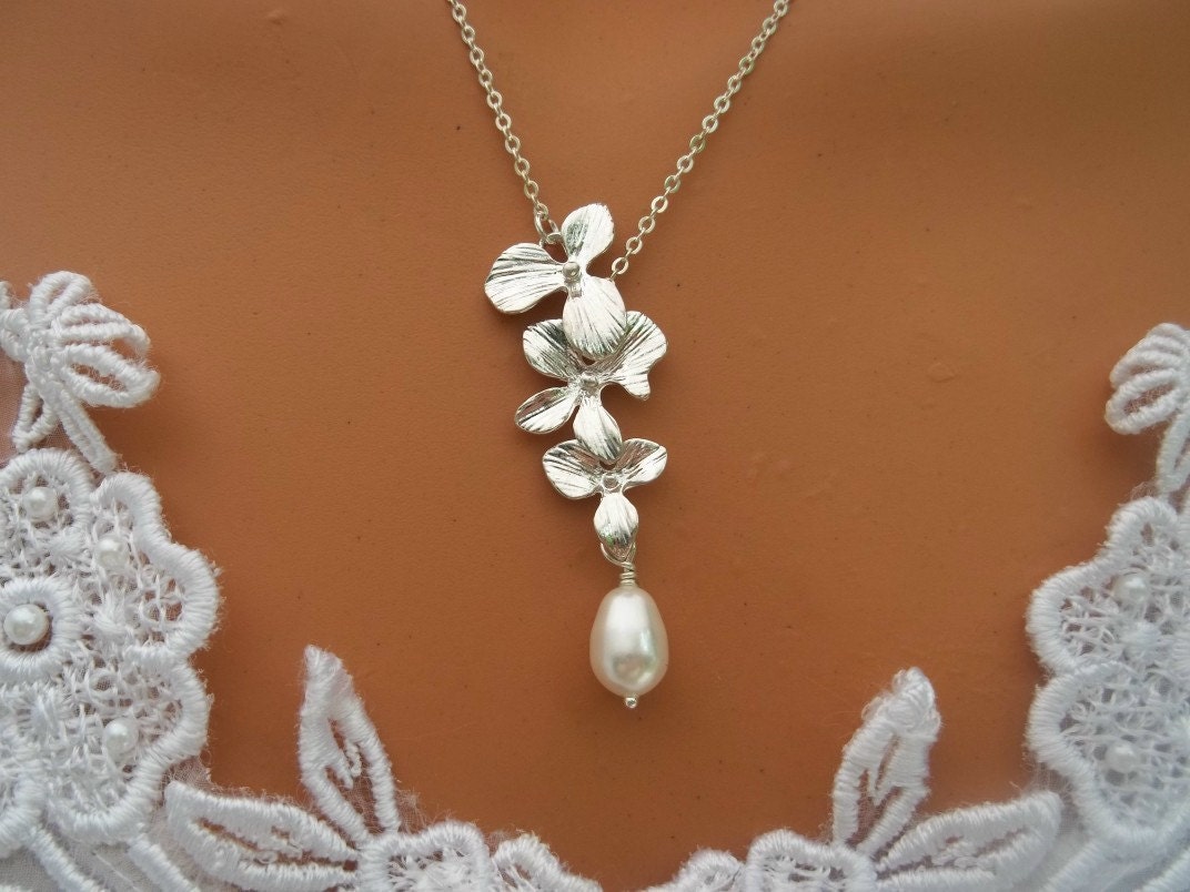 Triple Orchid Necklace - Teardrop Pearl - Silver Necklace