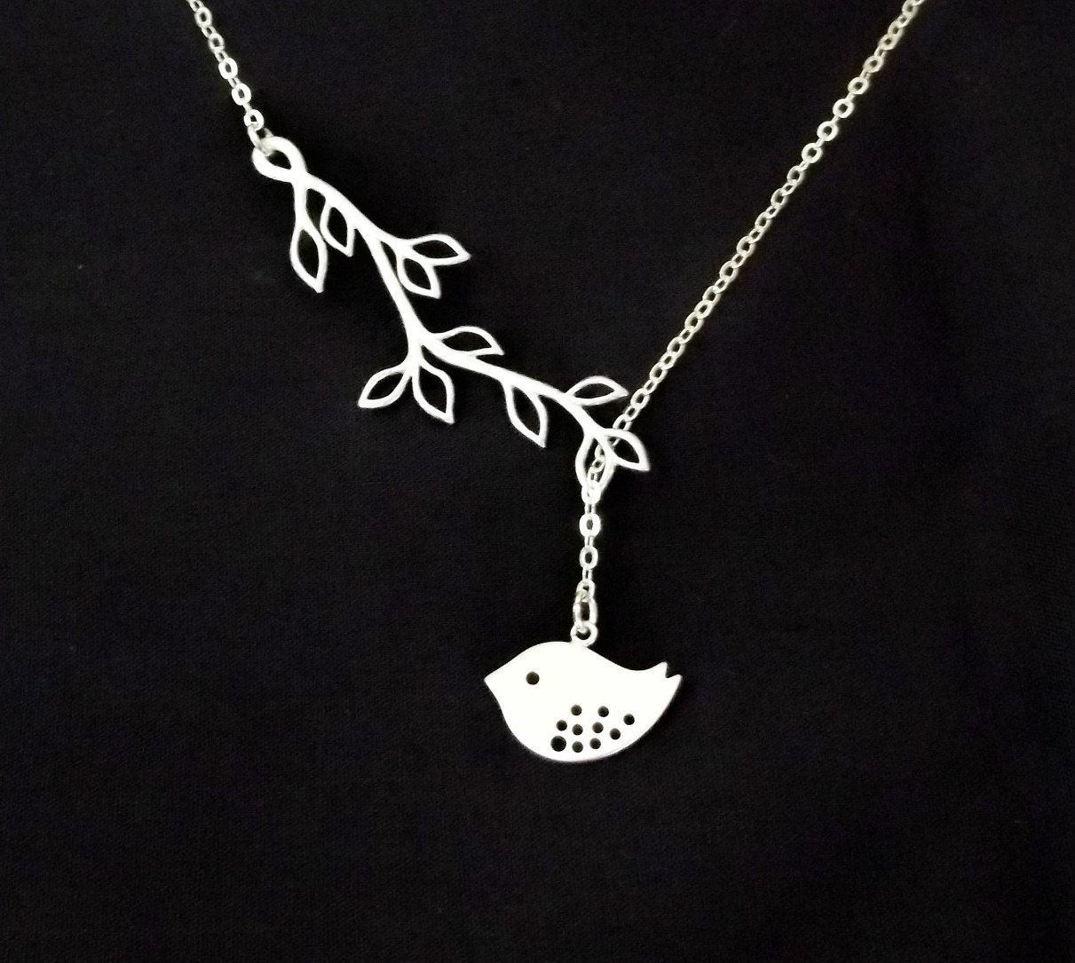 Bird and Branch Necklace, Silver Bird Lariat, STERLING SILVER CHAIN