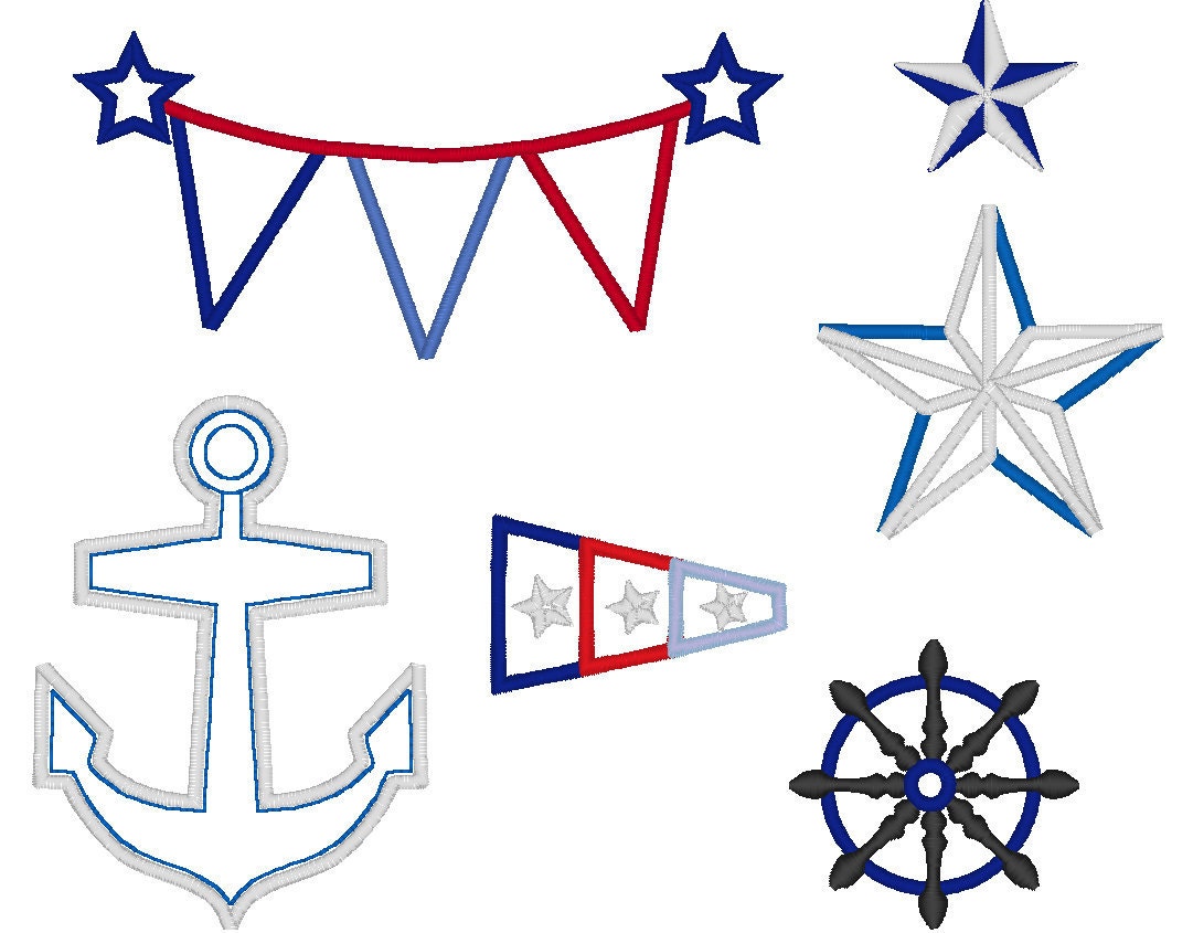 Cute nautical anchor and other elements - machine embroidery appliqué and filled design, pattern, file - for hoop 4x4, 5x7 and 6x10
