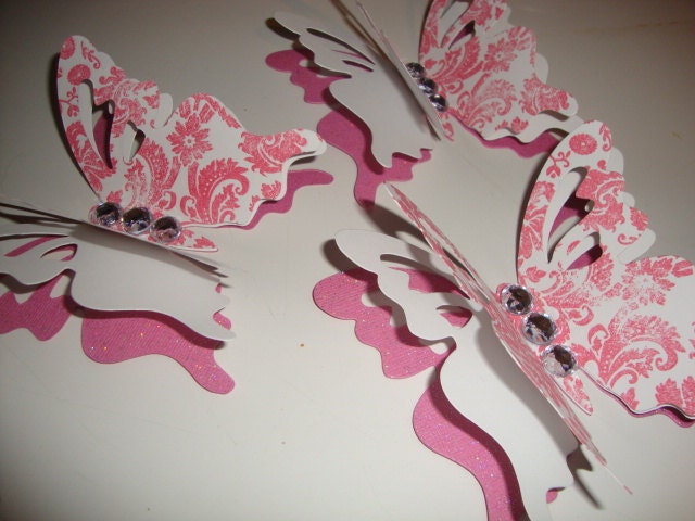6 pink damask hand stamped 3-D paper butterflies- nursery wall decor, wedding, baby shower, customize colors
