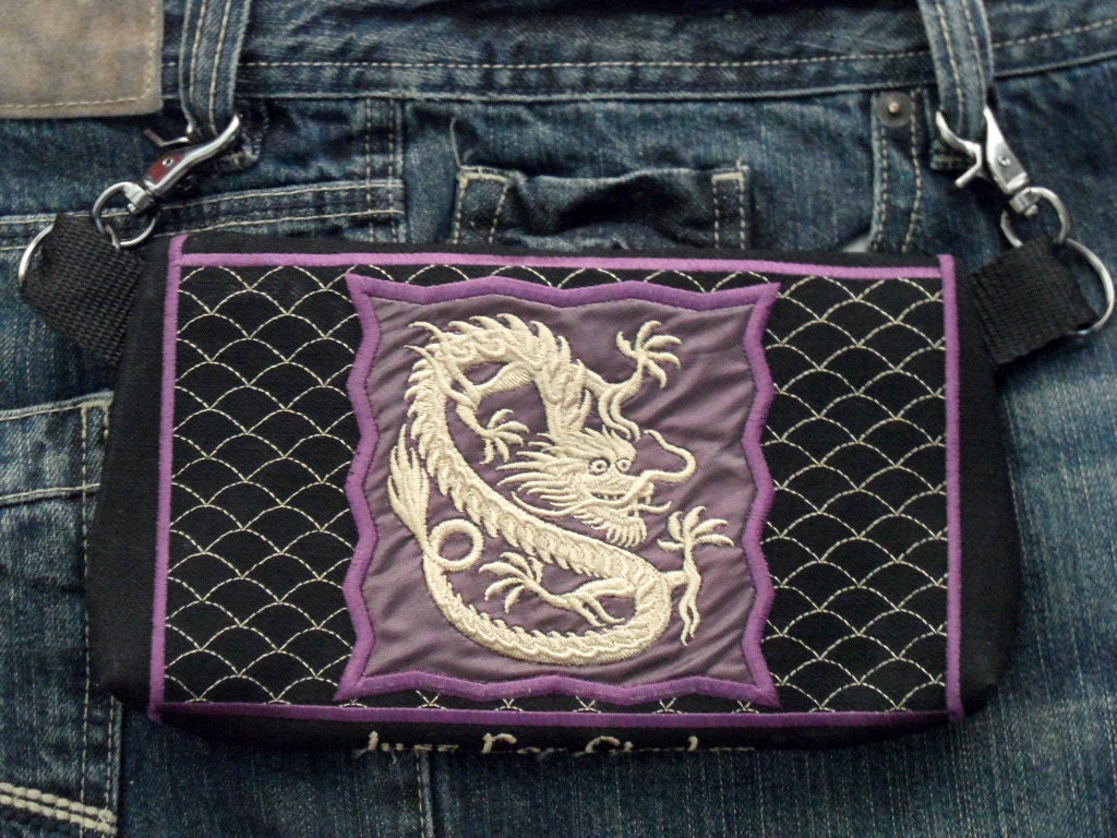 HandsFree Bag Hip Pouch Embroidered  Belt Bag "The Dragon" Concert Gear Bikers Hikers Tourist Rider  Purple and Gold
