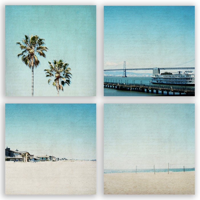 Teal Home Decor - aqua decor, palm trees, beach decor, california beaches, wall decor, summer photography - photo set of 4 - 5x5 Photographs