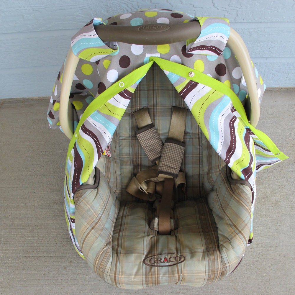 Infant car seat canopy - gray with polka dots green, aqua, white, and brown - 2 in 1 gift - nursing cover