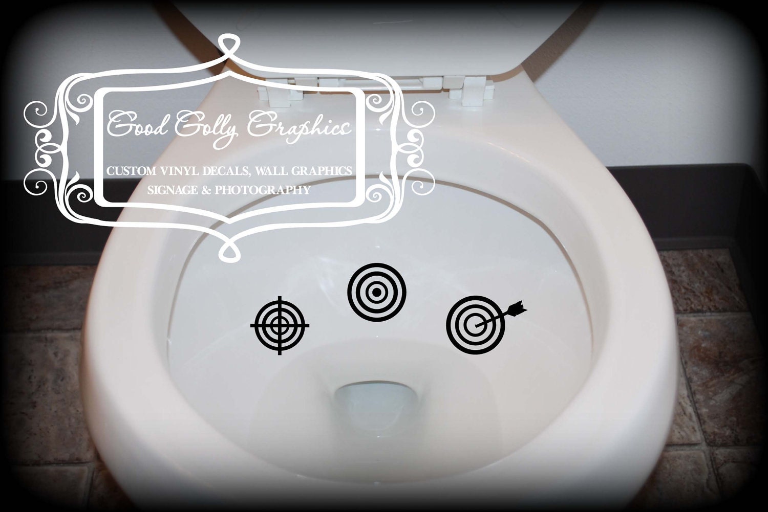 Potty training sticker, toilet decal, Taking Aim toilet targets: THREE piece collection, scope target, bulls eye and target with arrow