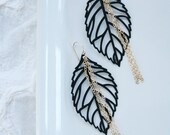 MEDINE jet black leaf earrings with gold chain