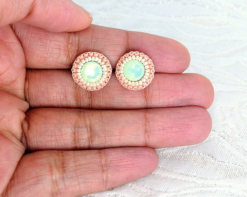 Mint peach coral ivory stud earrings - wedding bridesmaids bridal prom jewelry unique gift - swarovski spring summer delicate earrings