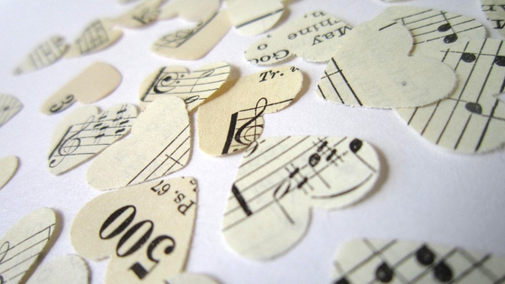 Paper Heart Wedding Confetti 1000 hearts Shabby Chic wedding decor country wedding favors Vintage Sheet Music Note vintage confetti