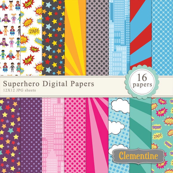 40% OFF SALE -Superhero scrapbook paper 12x12, comic book digital scrapbooking paper, royalty free- Instant Download Il_570xn