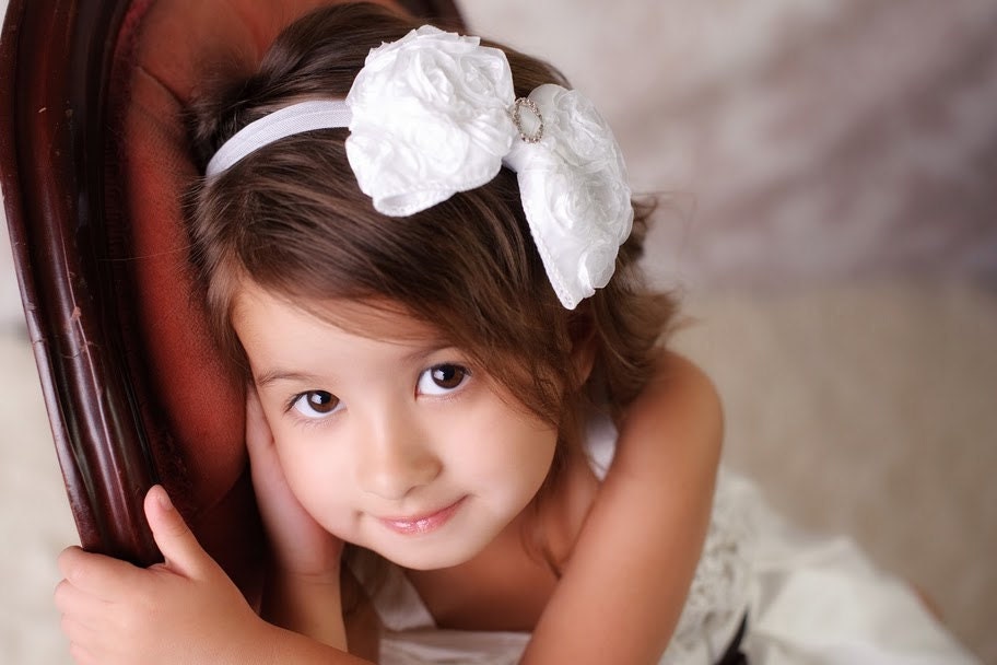 White Hair Bow - Satin Rosette & Crystal Hairbow Headband or Hair Clip - Baby Toddler Girls Hair Bow Headband or Clip Wedding Flower Girl
