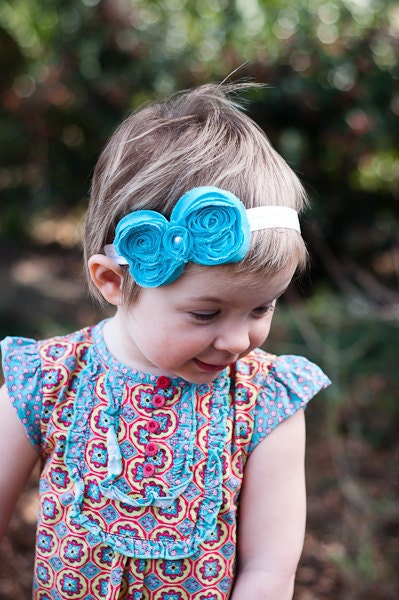 Turquoise Blue Shabby Chiffon Bow Headband or Hair Clip