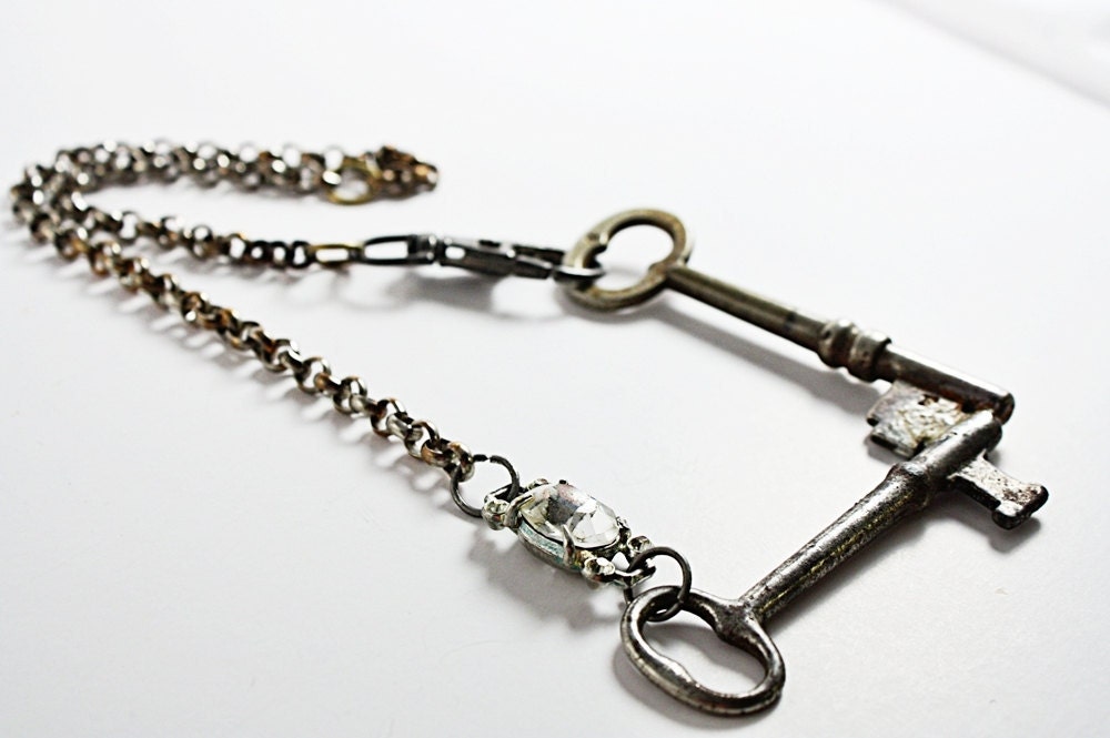 Vintage Skeleton Key Necklace with Two Soldered Vintage Keys and Vintage Rhinestone Accent with Large Lobster Clasp