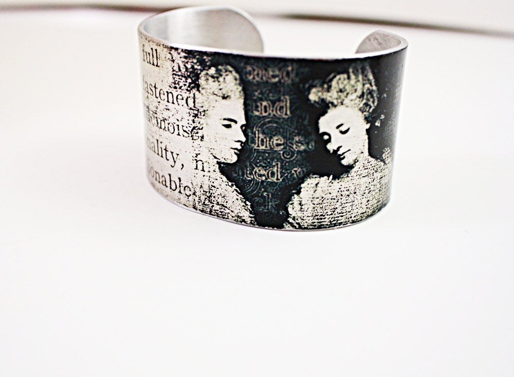 Cuff Bracelet,  Victorian Ladies with  vintage Wording in Black and White, Adjustable Silver
