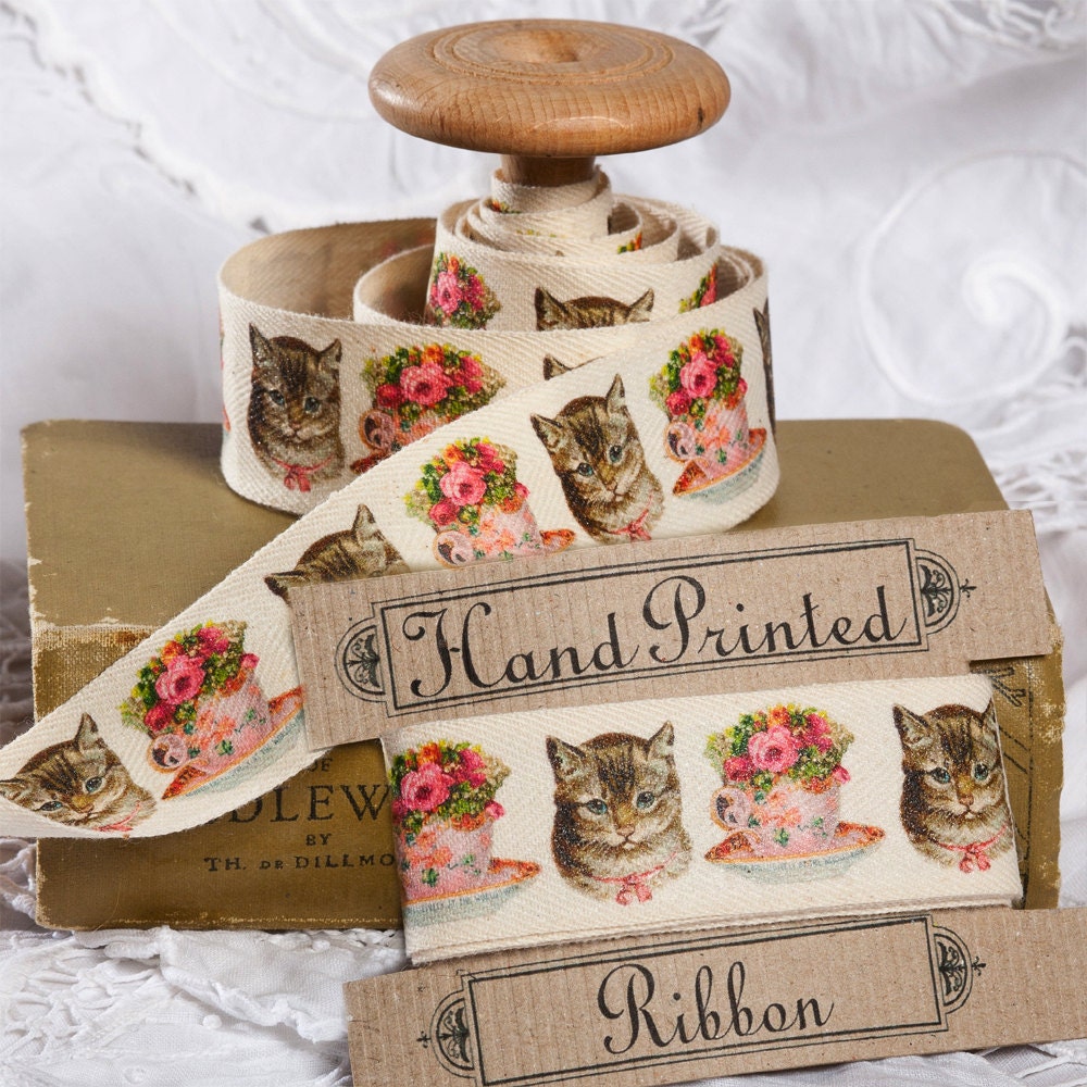 Cotton Fabric Ribbon - Hand Printed 2m x 25mm /80"x 1" cotton tape. Teacups & Vintage Cats cushion trimming. lampshade trimming. gift wrap.