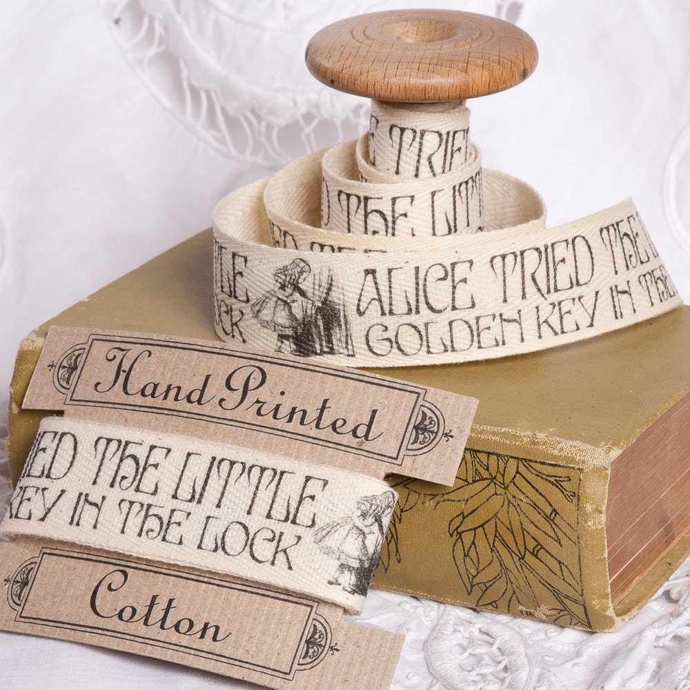 Alice in Wonderland Cotton Fabric Ribbon. Hand Printed 2m x 25mm /80"x 1"  Alice cotton tape. Alice gift wrap. for cushions bags etc. no15