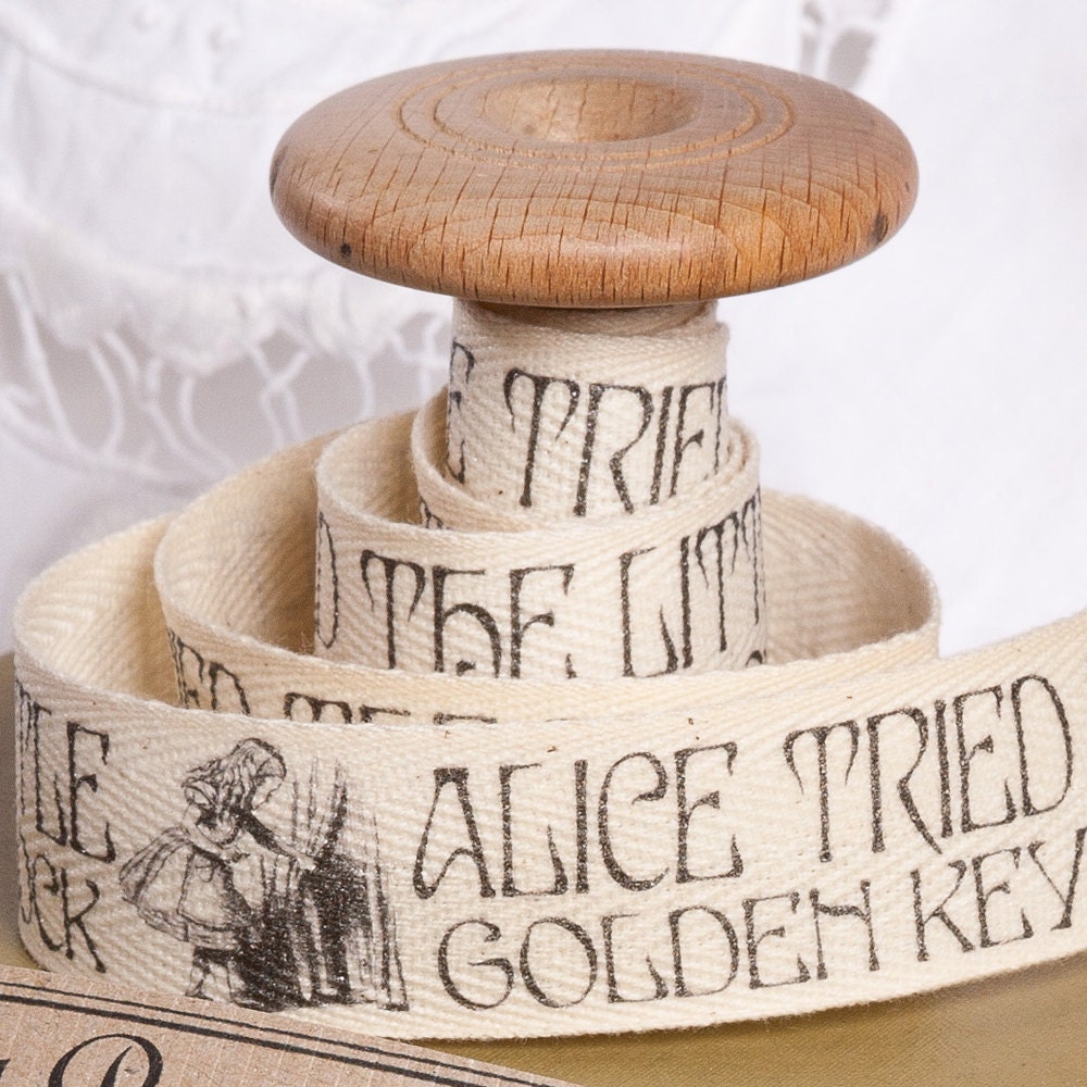 Alice in Wonderland Cotton Fabric Ribbon. Hand Printed 2m x 25mm /80"x 1"  Alice cotton tape. Alice gift wrap. for cushions bags etc. no15