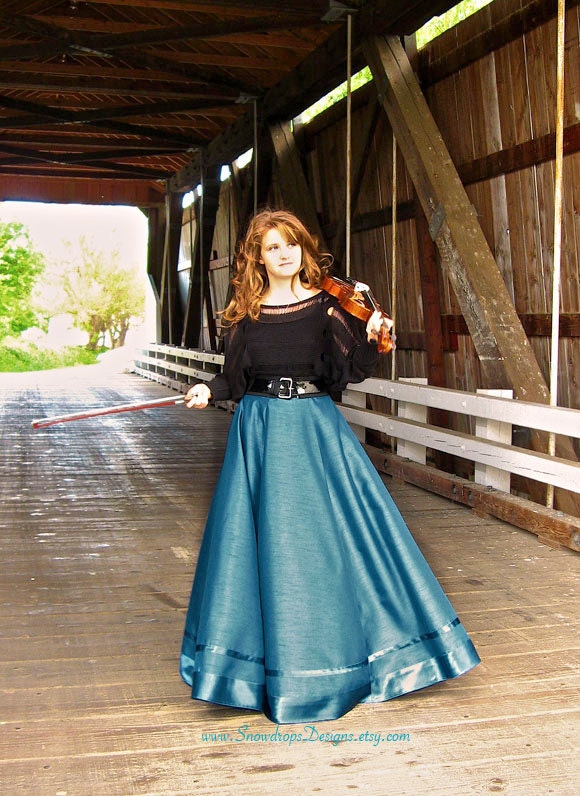 Women's dressy peacock blue maxi skirt with satin bands - SnowdropsDesigns