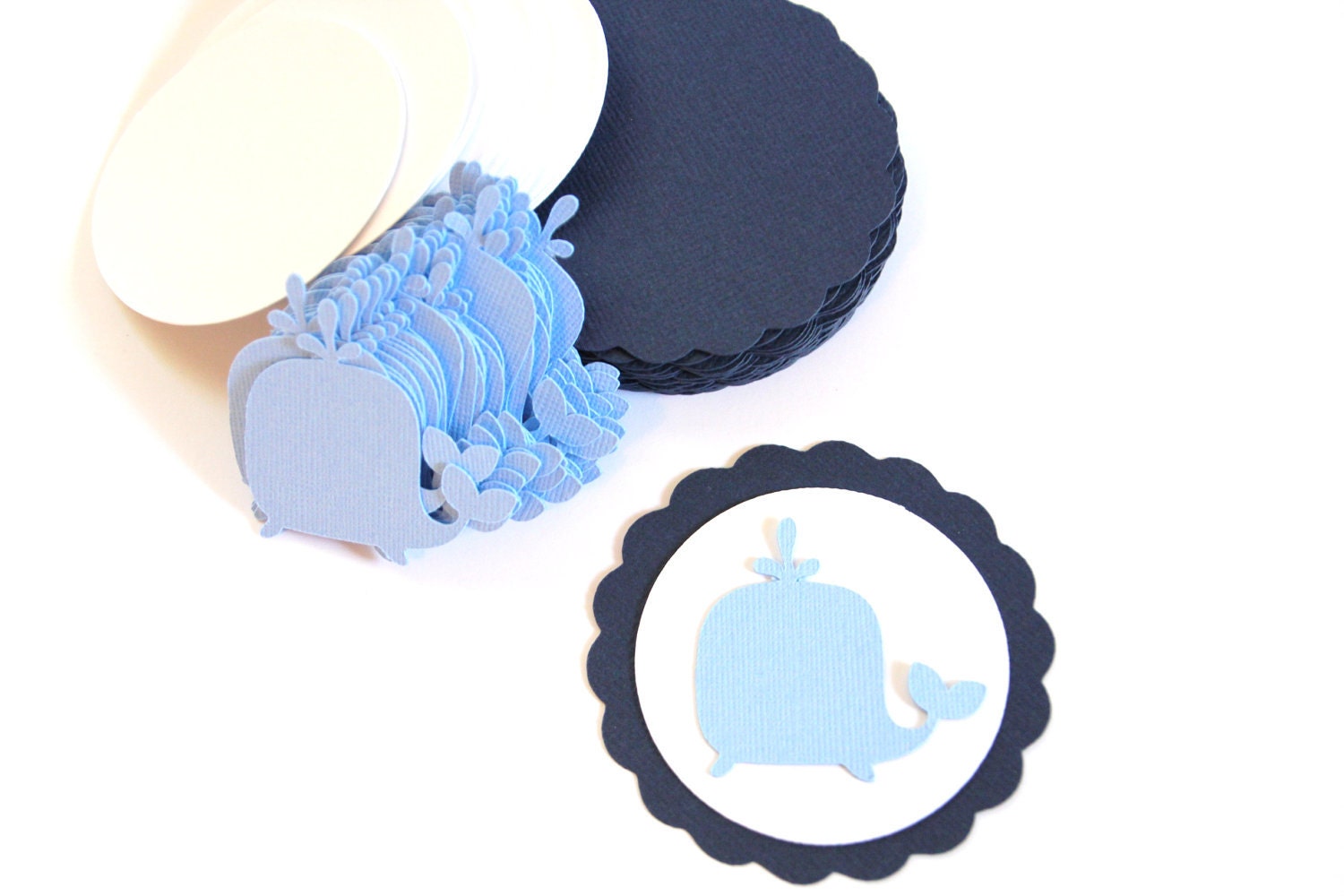 25 Die Cut Scallop Circle Nautical Whale DIY Cupcake Toppers (2.5 inches) in Navy, Sky Blue, & White Cardstock - Baby Shower, Birthday, etc.