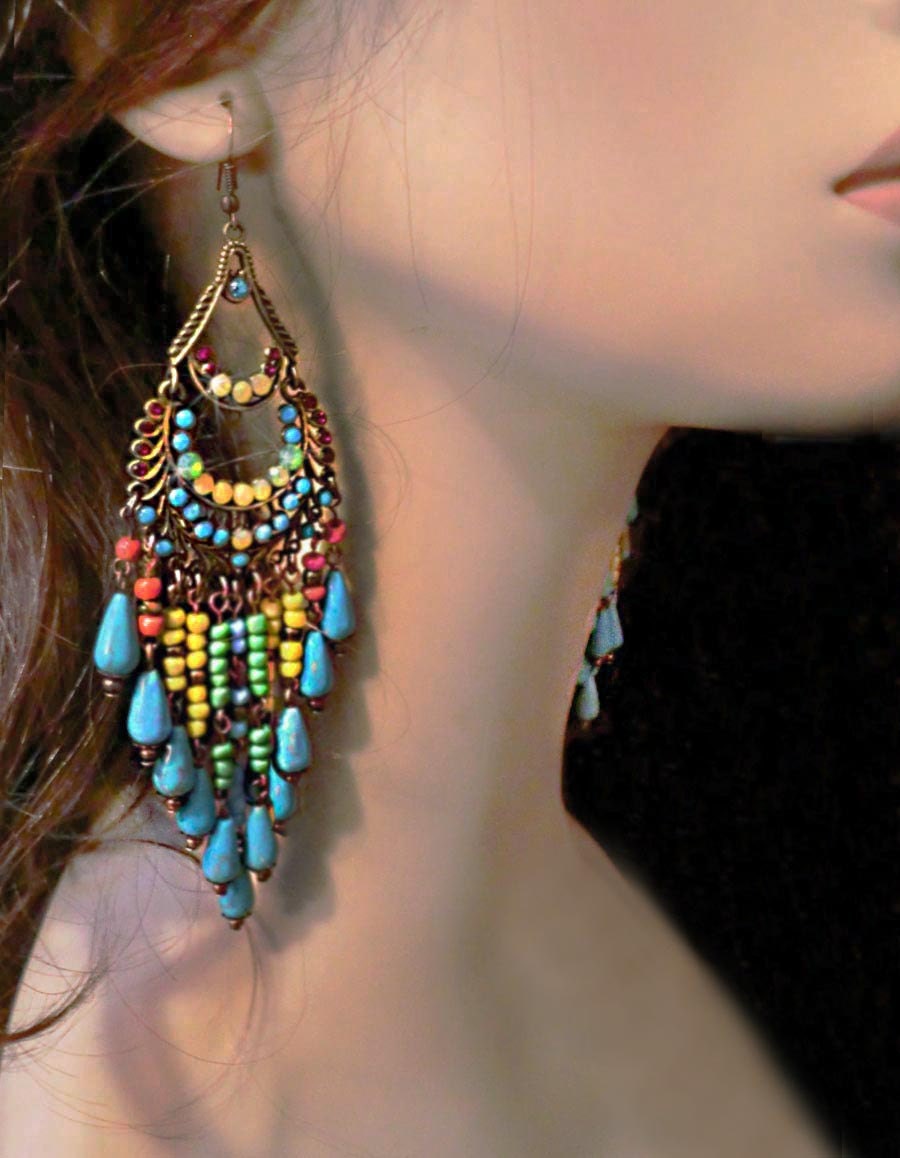 Genuine Turquoise Magnesite Gemstone Beaded Chandelier Earrings- Large, Ethnic, Native Inspired-MTO
