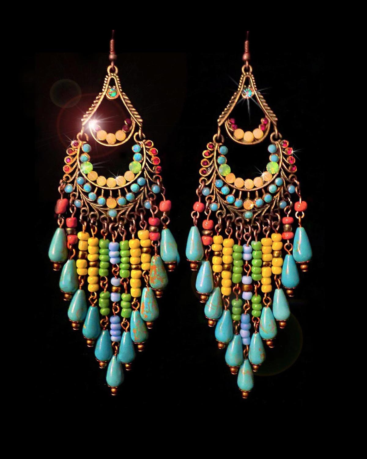 Genuine Turquoise Magnesite Gemstone Beaded Chandelier Earrings- Large, Ethnic, Native Inspired-MTO