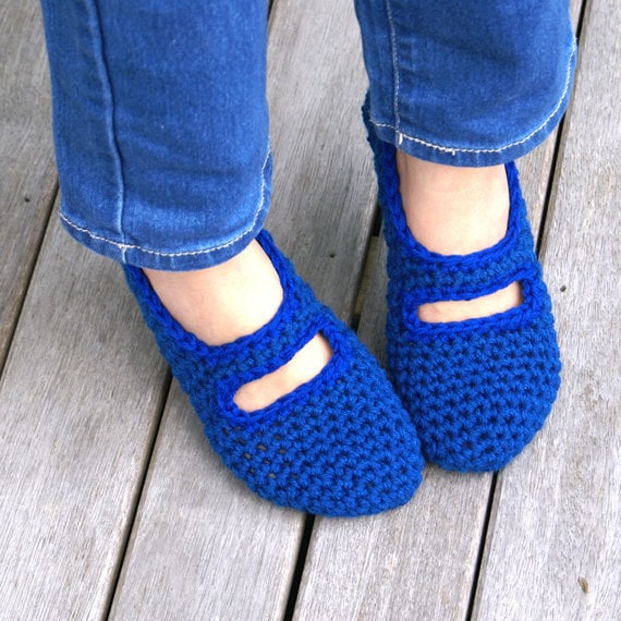 Crocheted Mary Jane House Slippers in Blue, Women's, House Shoes, Slipper Socks