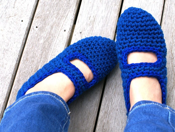 Crocheted Mary Jane House Slippers in Blue, Women's, House Shoes, Slipper Socks