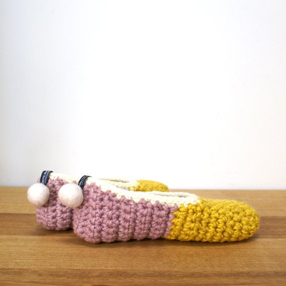 Crochet House Slippers with Felt Pom Pom, Mustard Yellow Pale Lavender