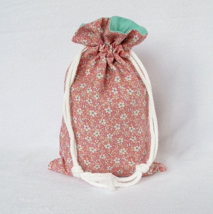 Fabric Drawstring Bag Small - 1930's Peach and Pink Flowers with Mint Green
