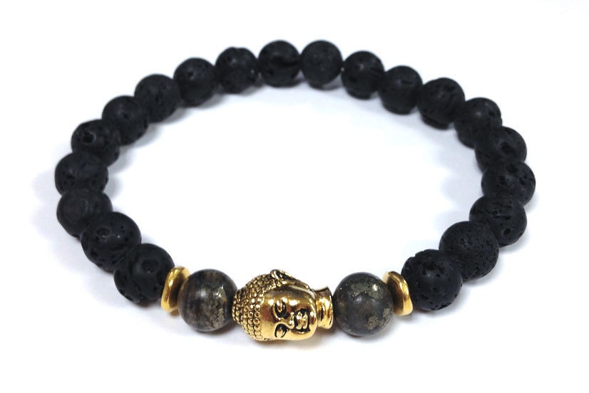 Black Lava and Pyrite gemstones Beaded Bracelet with Gold Buddha Bead for MEN