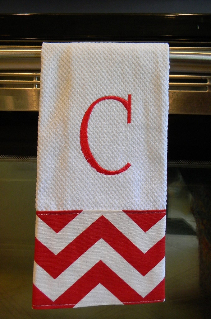 Monogrammed Chevron Kitchen Towel or Hand Towel - Lipstick Red and White