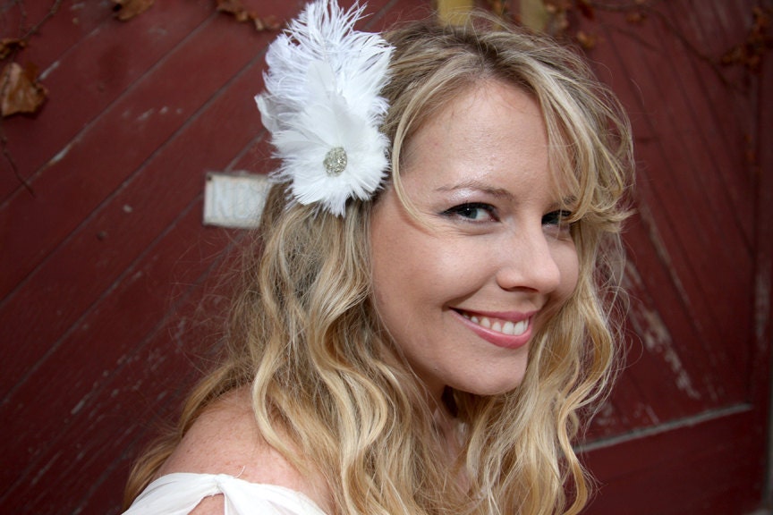 White Ostrich Feather Bridal Wedding Fascinator Hair Clip