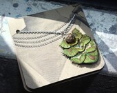 Emerald Green Peacock Plumage Necklace with Vintage Button Accent